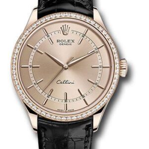 Rolex Cellini Time Watch - Everose - Pink Dial - Black Leather Strap