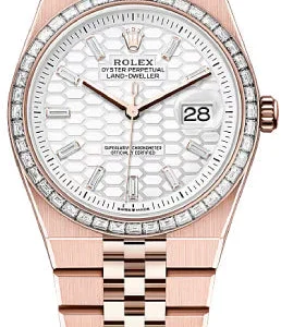 Rolex Land-Dweller 36 Everose Gold Intense White Honeycomb Motif Baguette Diamonds Set Dial Diamond Set Bezel Flat Jubilee Bracelet 127285TBR