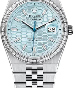 Rolex Land-Dweller 36 Platinum Ice Blue Honeycomb Motif Dial Baguette Diamond-Set Bezel Flat Jubilee Bracelet 127286TBR
