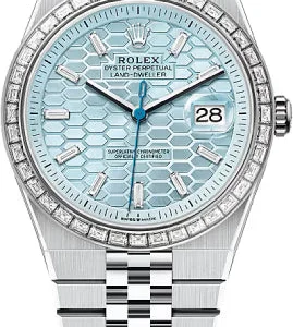 Rolex Land-Dweller 40 Platinum Ice Blue Honeycomb Motif Diamond Set Dial Baguette Diamond-Set Bezel Flat Jubilee Bracelet 127386TBR